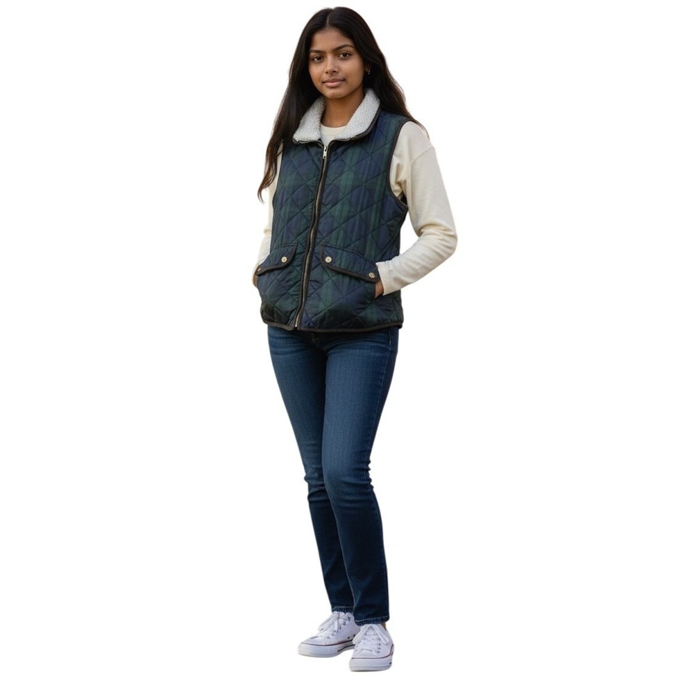 British Khaki Plaid Quilted Vest Sherpa Collar Zip Front Navy Green S-Cabincore‎